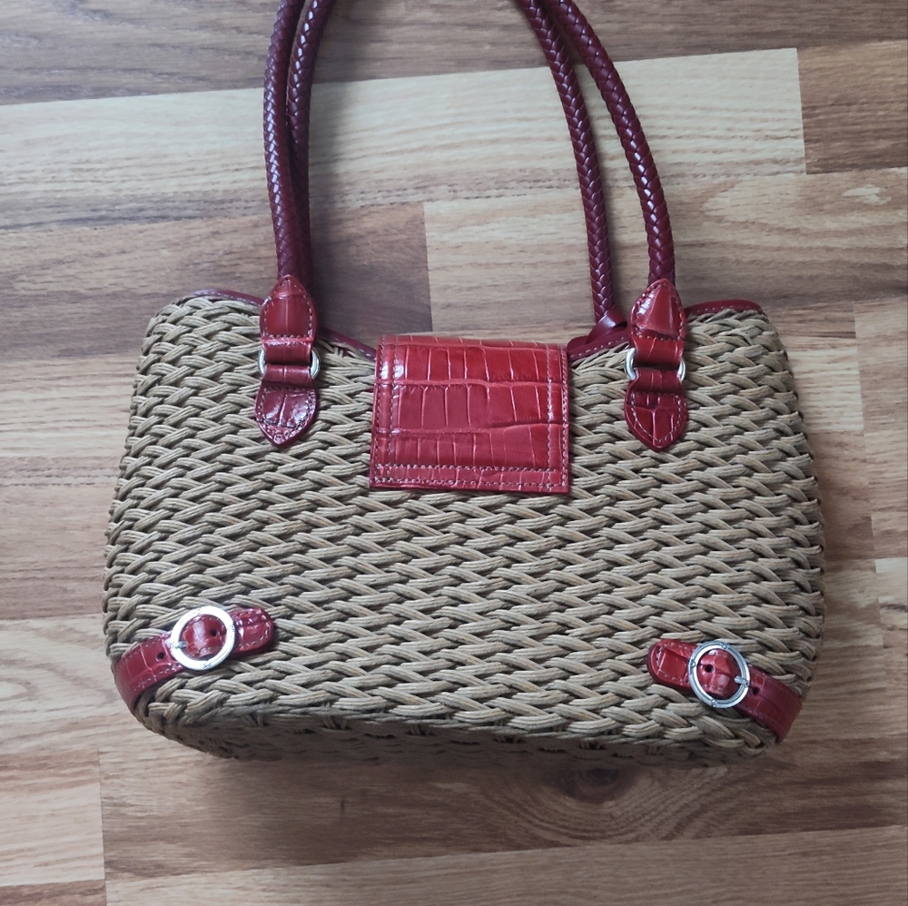 BRIGHTON Red Embossed Leather And Woven‎ Straw Purse Multi-Pocket - Picture 2 of 5
